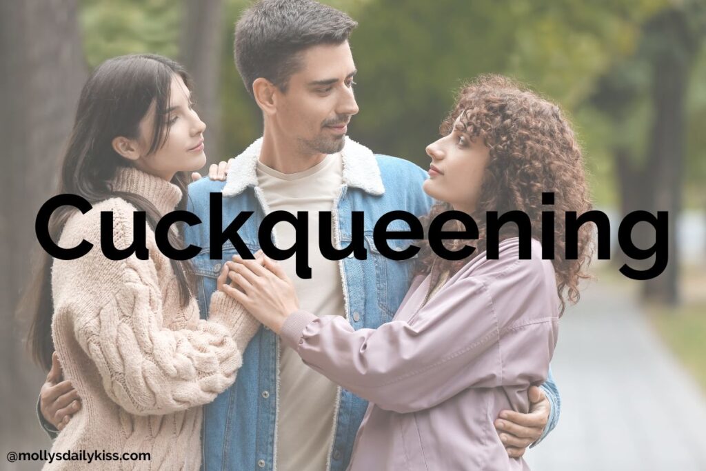 one man with two woman either side with their hands on his chest and the word cuckqueening written across the image